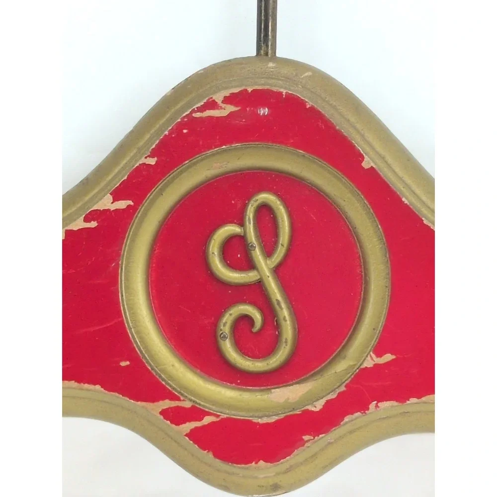 Hollywood Regency Red Gold Wooden Monogrammed Clothes Hanger Department S T L G